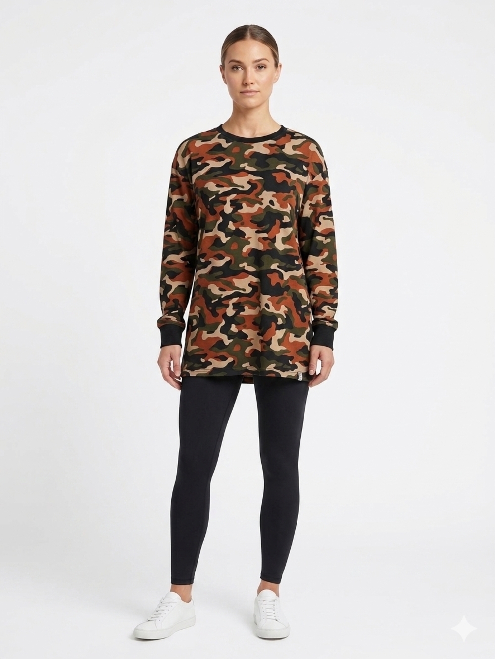 Camo Crewneck Tunic - Olive Multi Up To Size 3XL